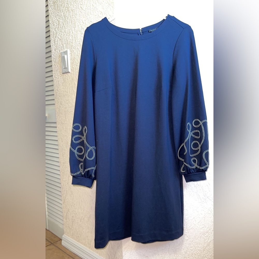Ann Taylor Women 's Medium Stretch Shift Dress Boho Embroidered Puff Sleeves